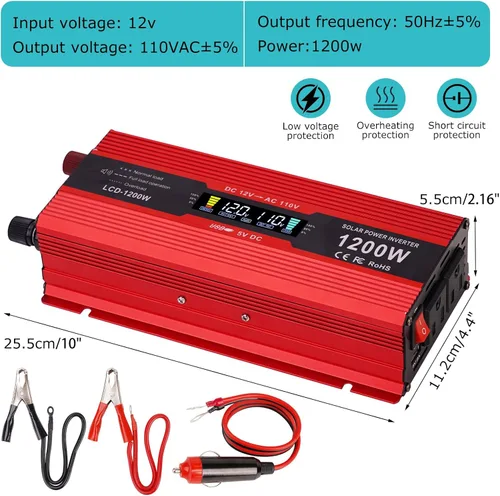Vista 2 de nomal Inversor de corriente para automóvil de 1200 W, convertidor de CC de 12 V a 110 V CA con pantalla LCD y salidas de CA, inversor de 12 voltios