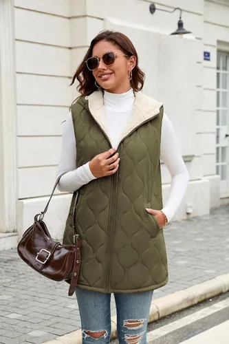 Vista 2 de ECOWISH Chaleco largo acolchado para mujer: chaqueta de forro polar reversible con cremallera para otoño 2025, abrigo de invierno cálido sin mangas