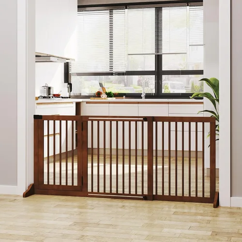 Vista 2 de PawHut Puerta ajustable de madera para mascotas, valla independiente para perro, para puerta, pasillo, 3 paneles con barrera de seguridad, puerta