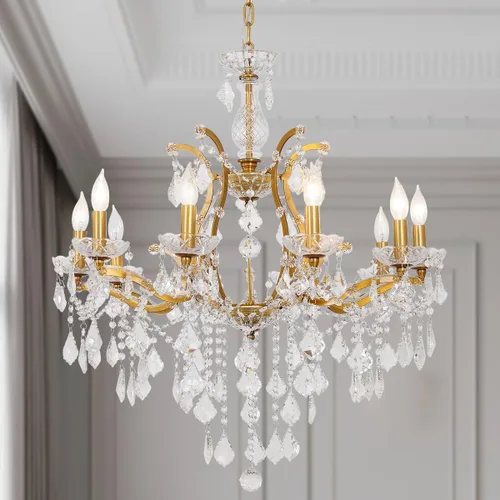 Vista 13 de Candelabros de cristal de bronce antiguo de lujo con lámpara colgante de vela, lámpara de techo de 6 luces de cristal dorado para comedor, sala