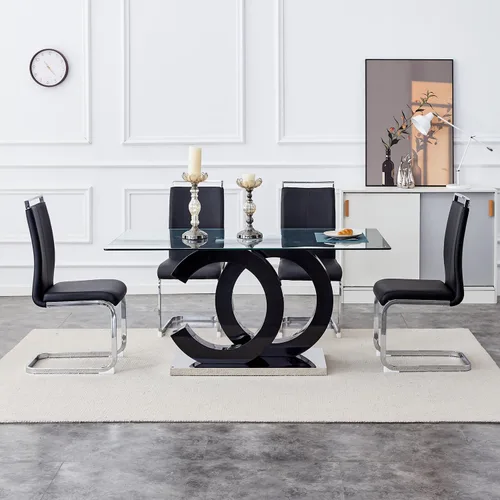 Vista 3 de Juego de mesa de comedor de 63 pulgadas para 4, moderno juego de mesa de comedor de vidrio templado para 4, para el hogar, cocina, sala de estar