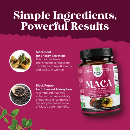 Vista 4 de Cápsulas de raíz de maca para mujeres, potente suplemento herbario con mezcla mejorada femenina de raíz de maca roja, amarilla y negra, certificado