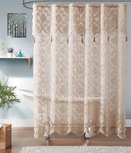 Vista 7 de ASATEX Cortina de ducha de encaje blanco. Cortina de baño de diseño floral clásico de 72 x 72 pulgadas con cenefa adjunta y borlas. Cortinas