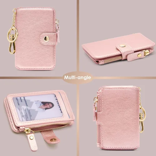 Vista 56 de Cartera con llavero, tarjetero con bloqueo RFID de piel, funda para tarjetas de crédito con cremallera para mujer