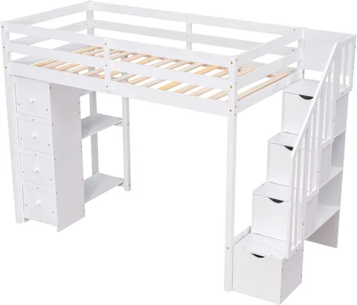 Vista 5 de VilroCaz Cama loft multifuncional de tamaño individual con cajones de almacenamiento y escalera, marco de cama de madera maciza con barandilla