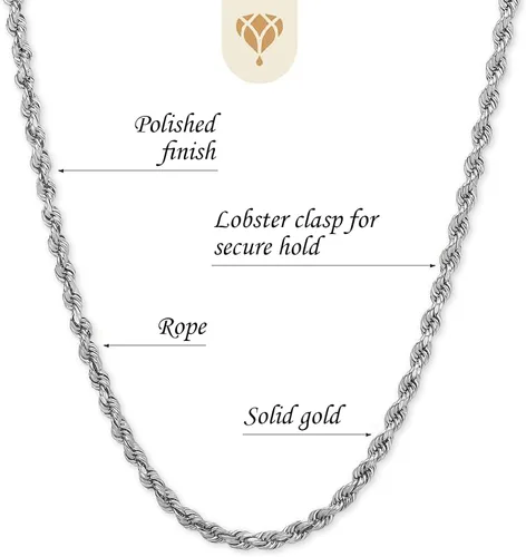 Vista 2 de 14k SOLID Yellow or White Or RosePink Gold 1.50mm Shiny Diamond-Cut Royal Solid Rope Chain Necklace for Pendants and Charms with Lobster-Claw Clasp