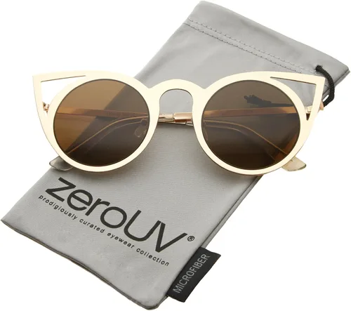 Vista 37 de zeroUV Gafas de sol redondas de metal recortadas con lente de espejo de ojo de gato para mujer