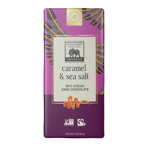 Vista 3 de Barra de chocolate negro de especies en peligro de extinción con sal marina y almendras (72% de cacao)