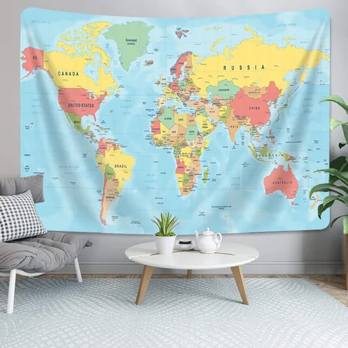 Vista 3 de Tapiz de mapa del mundo, mapas mundiales para pared, Asia Europa, topografía de la ciudad del sur de América, África y Japón, tapices educativos