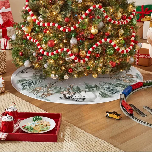 Vista 3 de AVOIN colorlife Falda de árbol de Navidad con diseño de muñeco de nieve, reno, copo de nieve, 36 pulgadas, decoración de árbol de vacaciones