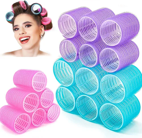 Vista 10 de Juego de rodillos de pelo jumbo, 12 rizadores de peluquería de salón de belleza, rodillos grandes jumbo para cabello largo y corto, peinado rizado
