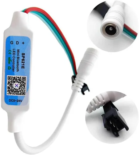 Vista 5 de DC5-24V SP621E Mini controlador LED Bluetooth Control APP para WS2811 WS2812B SK6812 Pixeles Dream Color LED Strip (con conector de CC)