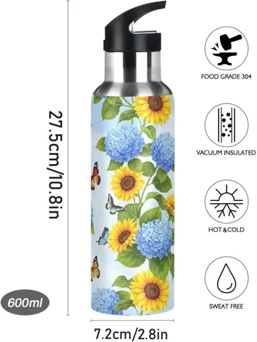 Vista 9 de Stainless Steel Vacuum Insulated Water Bottle 20 Oz, BPA-Free Sports Water Bottle for Gym Outdoor Travel School, Yellow Sunflowers