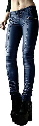 Vista 2 de Leggings de piel sintética para mujer, estilo gótico, punk, ajustados, de piel sintética, de tiro medio, con tachuelas, pantalones ajustados