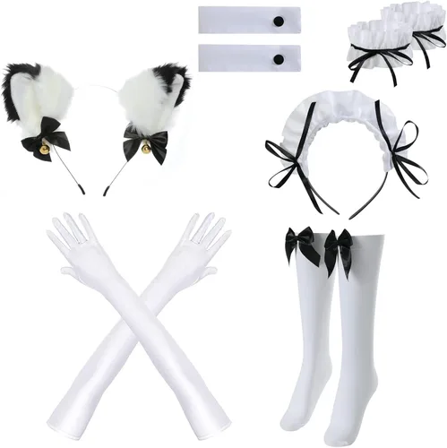Vista 4 de bellebuy Cute Anime French Maid Dress Cosplay Costume Party Cat Ear Gloves Socks 9 Set