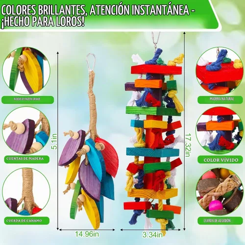 Vista 2 de Soulchen Juego de 4 juguetes de loro de pájaro extra grande, juguete masticable de madera natural, bola de ratán, cuerda de lufa de tuerca de madera