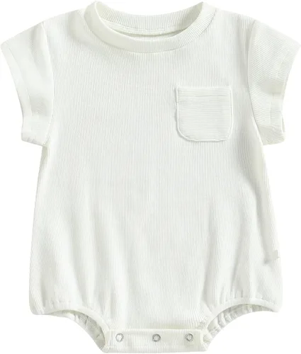 Vista 8 de KMBANGI Mameluco de manga corta con cuello redondo de punto acanalado de color sólido para bebé, niña y niño, traje de verano de una pieza