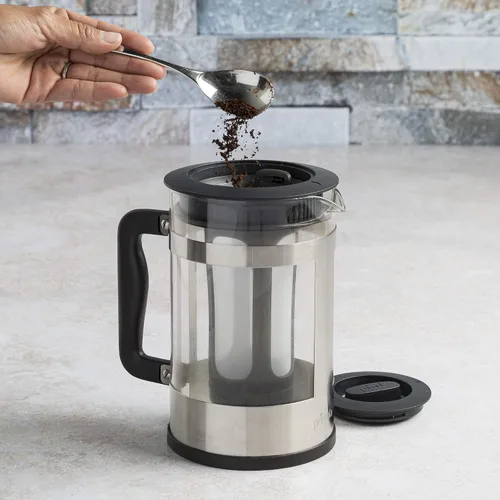Vista 4 de Primula Kedzie - Cafetera helada de lujo con mango de agarre cómodo, jarra de vidrio duradera, filtro de malla extraíble, 6 tazas, acero inoxidable