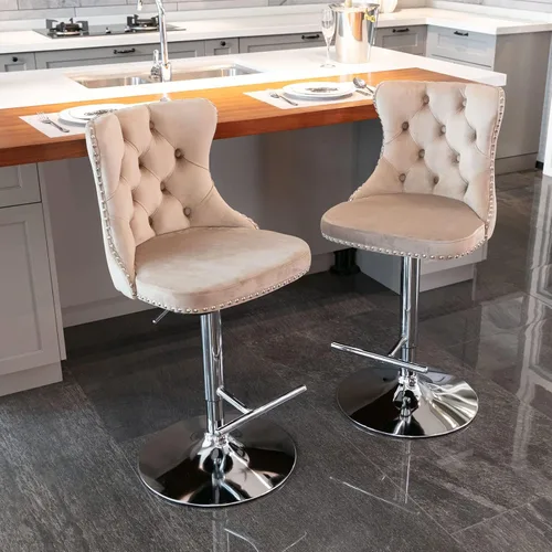 Vista 37 de Juego de 2 modernos taburetes de bar giratorios ajustables, sillas de bar copetudas de terciopelo beige con respaldo y ribete de cabeza de clavo