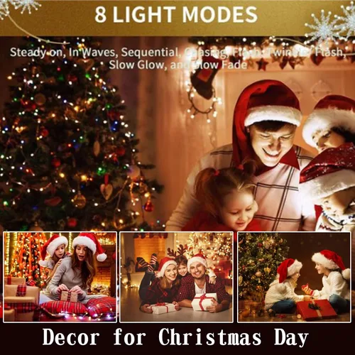 Vista 2 de Guirnalda de luces enchufables, paquete de 2 unidades, 8 modos de 33 pies, 100 luces LED de luciérnaga parpadeantes, USB, mini luces parpadeantes