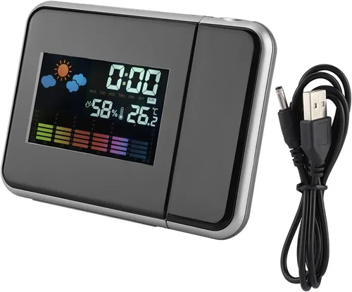 Vista 6 de Akozon Reloj despertador de proyección Digital LED Pronóstico del tiempo Calendario Pantalla Reloj despertador Temperatura Humedad Monitor Medidor