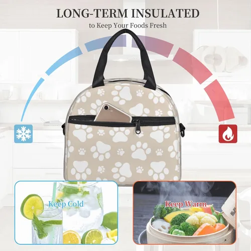 Vista 5 de Perinsto Lindas patas de perro beige bolsa de almuerzo reutilizable aislada bolsa de almuerzo lonchera contenedor con correa ajustable