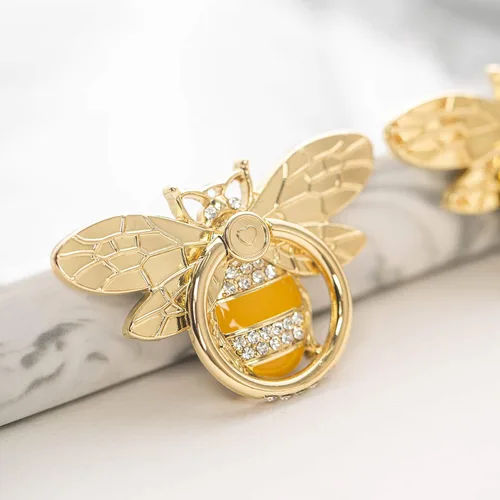 Vista 7 de Lindo soporte de anillo de teléfono de abeja amarilla para niña, apicultor de metal para teléfono iPhone y Android, resina de oro amarillo de 18