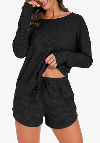 Vista 3 de PrinStory Conjunto de pijama para mujer, conjunto de 2 piezas de punto gofre, conjunto de ropa de descanso con bolsillos