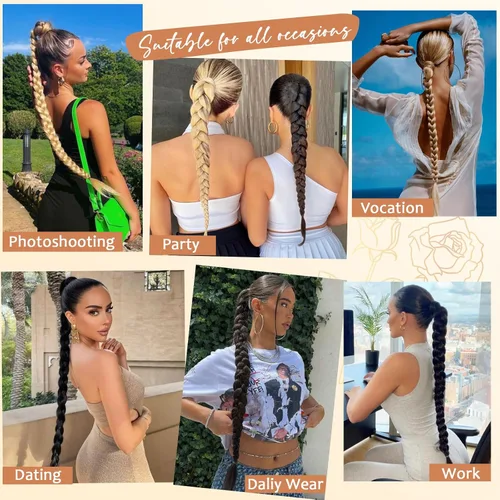 Vista 6 de Extensión de cola de caballo larga trenzada con banda para el cabello, color marrón claro, extensiones de cabello sintético suave y natural