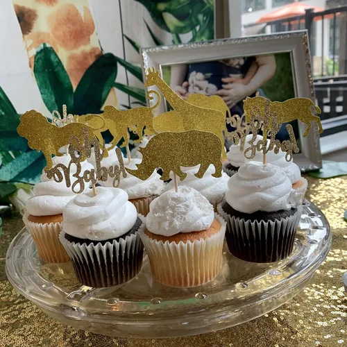 Vista 3 de ALISSAR Paquete de 40 adornos para cupcakes de animales de la selva con purpurina, temática de selva de safari, baby shower, fiesta, pasteles