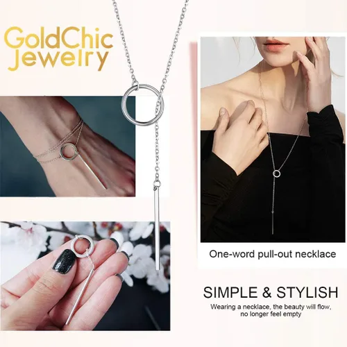 Vista 9 de GOLDCHIC JEWELRY Collar largo de barra Lariat con colgante de círculo abierto en Y, gargantilla minimalista simple y colgante de cadena de clavícula