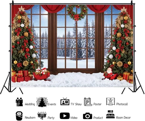 Vista 3 de Telón de fondo de ventana de Navidad de 5 x 3 pies para sesión de fotos, fondo de bosque de nieve de invierno para fotografía, árbol de Navidad