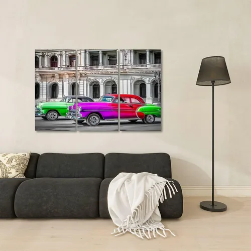 Vista 2 de 3 paneles de lienzo para pared, diseño de autos vintage convertibles americanos, La Habana, Cuba, impresión en lienzo, obras de arte para oficina