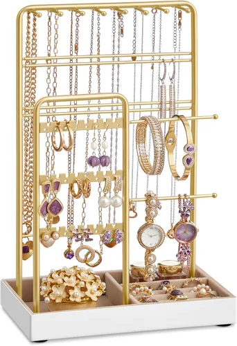Vista 8 de SONGMICS Soporte de joyería, organizador de joyas, soporte de exhibición de joyería con marco de metal y bandeja de terciopelo, soporte de pulsera