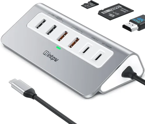 Vista 14 de P9 USB C Hub, INTPW 9-en-1 Adaptador USB Multipuerto con HDMI 4K, PD 100W, USB-C y 2 USB A 3.0 5Gbps, 2 USB A 2.0, Lector de Tarjetas SD/TF, Hub USB