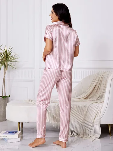 Vista 2 de WDIRARA Conjunto de pijama de manga corta y pantalones de satén a rayas para mujer