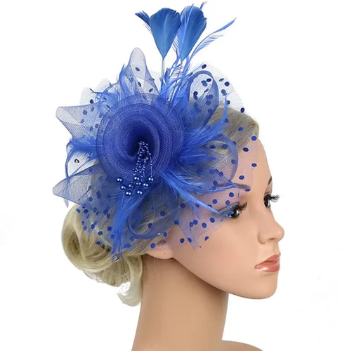 Vista 2 de Sombrero de fiesta de té para mujer, tocado de plumas, flores, diadema de malla punteada con cuentas, talla única