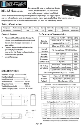 Vista 6 de ML1.3-6 6V 1.3AH Batería SLA F1 Terminal - Paquete de 20