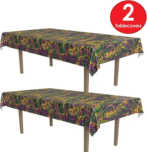 Vista 4 de Beistle Mantel de cuentas de Mardi Gras, 54 x 108 pulgadas, 2 piezas – Mantel de plástico, mantel rectangular, decoraciones de Mardi Gras