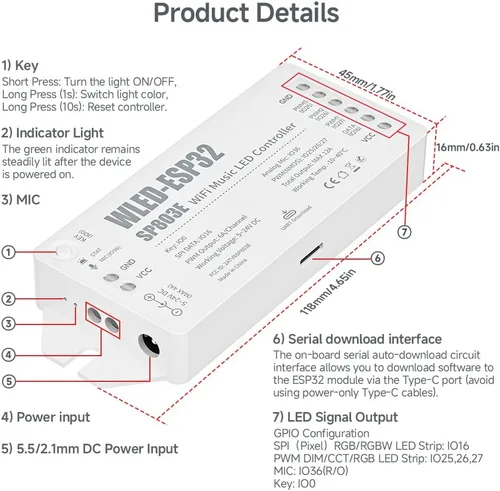 Vista 2 de BTF-LIGHTING Controlador de tira LED ESP32 WLED SP803E, modos dinámicos de Micrófono incorporado, UART USB Tipo-C Descarga para WS2811, WS2812B