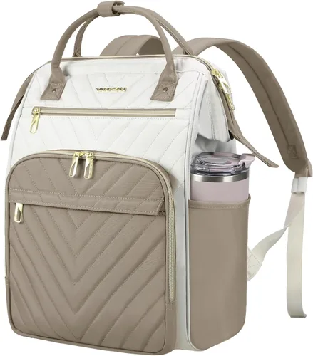 Vista 9 de VANKEAN Mochila para portátil de 17 pulgadas para mujeres y hombres, bolsa de trabajo de computadora de moda, Beige-café, 15,6 pulg., 7702