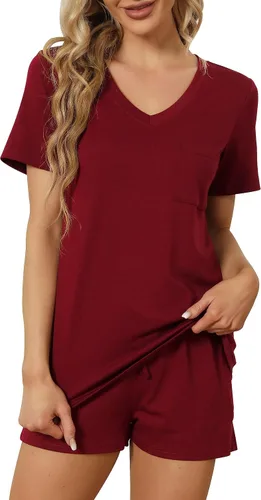 Vista 3 de Conjunto de pijama de manga corta para mujer con bolsillos, cuello en V, 2 piezas, tallas S-3XL