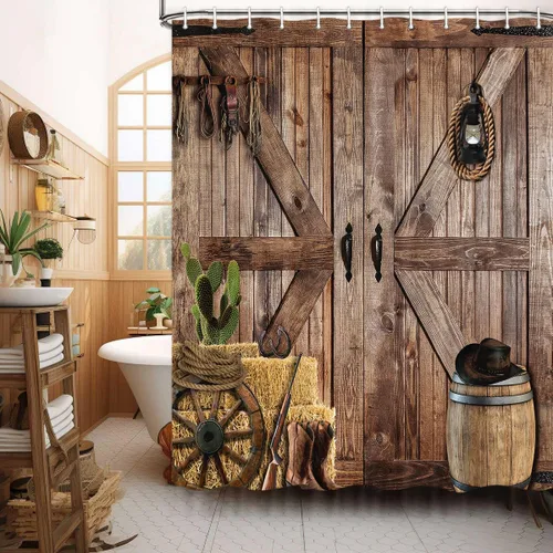 Vista 14 de Cortina de ducha de puerta de granero de madera rústica, 60 x 70 pulgadas, beige