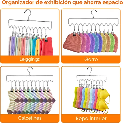 Vista 4 de Perchas para pantalones que ahorran espacio con clips, organizadores de armario y almacenamiento, 20 clips de goma antideslizantes, organizador