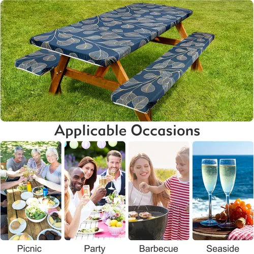 Vista 6 de ICOSY Mantel de picnic con fundas de banco de 30 x 72 pulgadas, resistente al viento, mantel rectangular ajustable para mesas de 6 pies, accesorios
