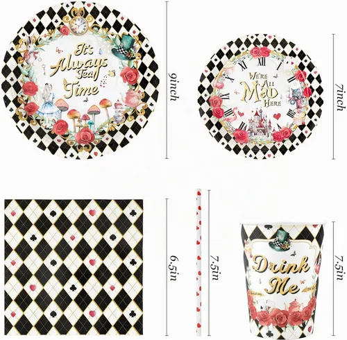 Vista 2 de Decoraciones para la fiesta del té de Alicia - Platos de papel para baby shower, servilletas, tazas y pajitas para 24 invitados, juego de vajilla