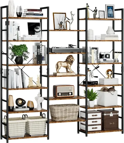 Vista 10 de NUMENN Estantería Triple Ancha de 5 Niveles, Librerías y Estanterías de Estilo Industrial Rústico con 14 Estantes de Exhibición Abiertos, Muebles