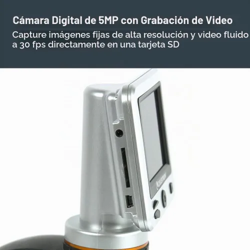 Vista 4 de Celestron – Microscopio digital LCD II – Pantalla de 3.5" – Cámara de 5MP – Aumento de 40x–1600x – Cabezal giratorio – Tarjeta SD incluida – Salida