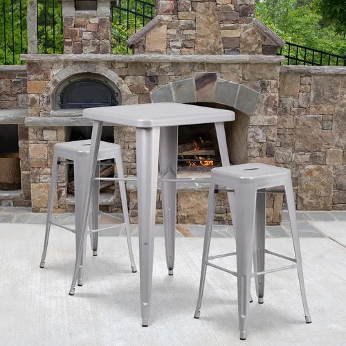 Vista 6 de EMMA + OLIVER Comercial 23.75SQ Negro Metal Indoor-Outdoor Bar Table Set-2 Taburetes Sin Respaldo