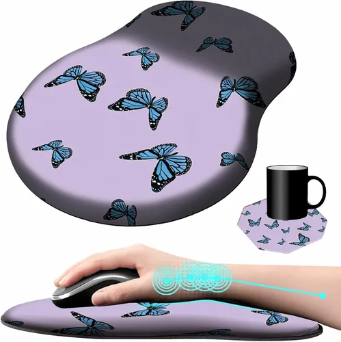 Vista 15 de Alfombrilla de mouse con soporte para muñeca, diseño de mariposa azul, ergonómica, con reposamuñecas para computadora portátil, computadora, hogar